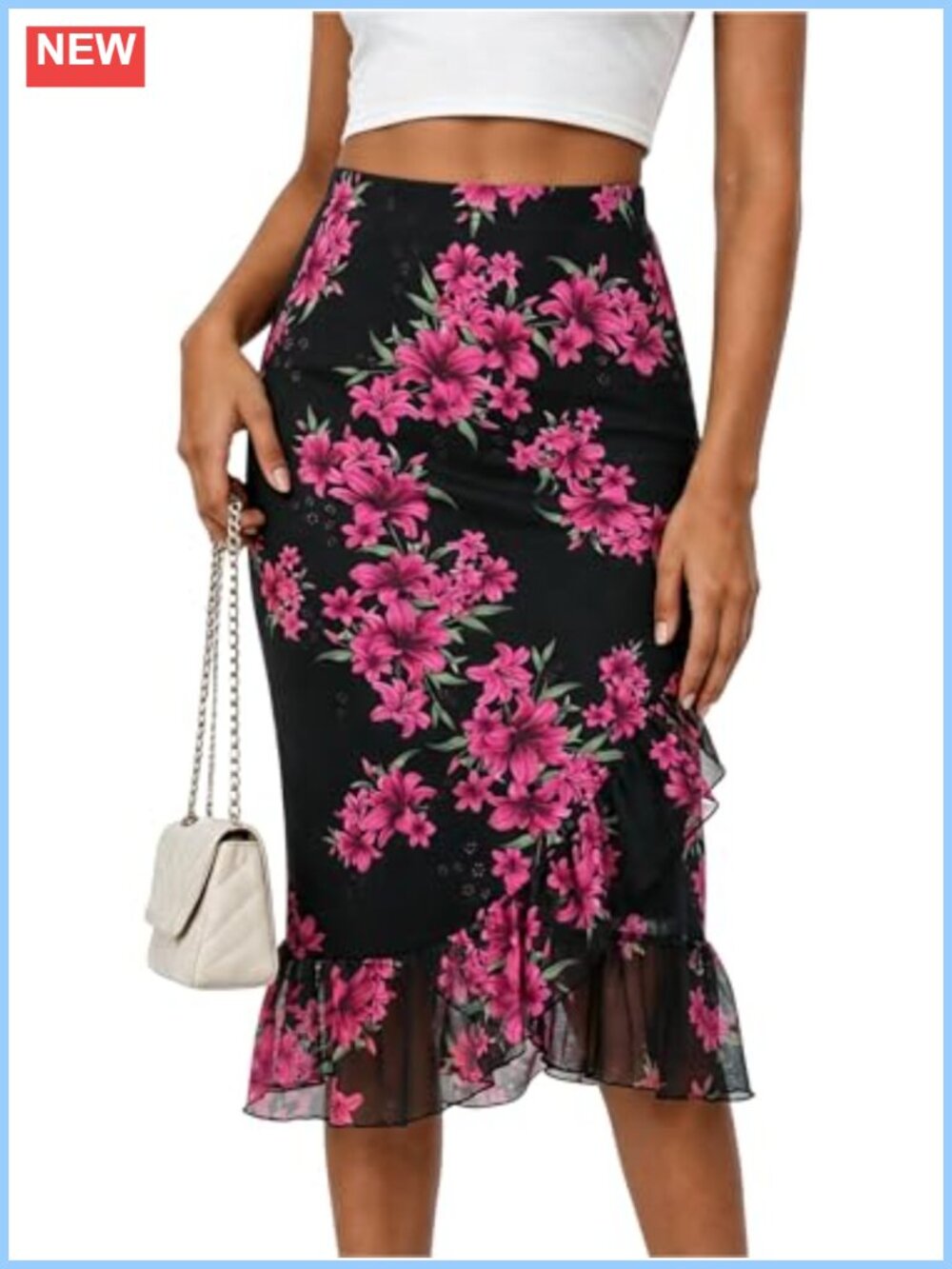Women's Floral Mesh Midi Skirt High Waist Fishtail Flowy Boho Beach Skirt